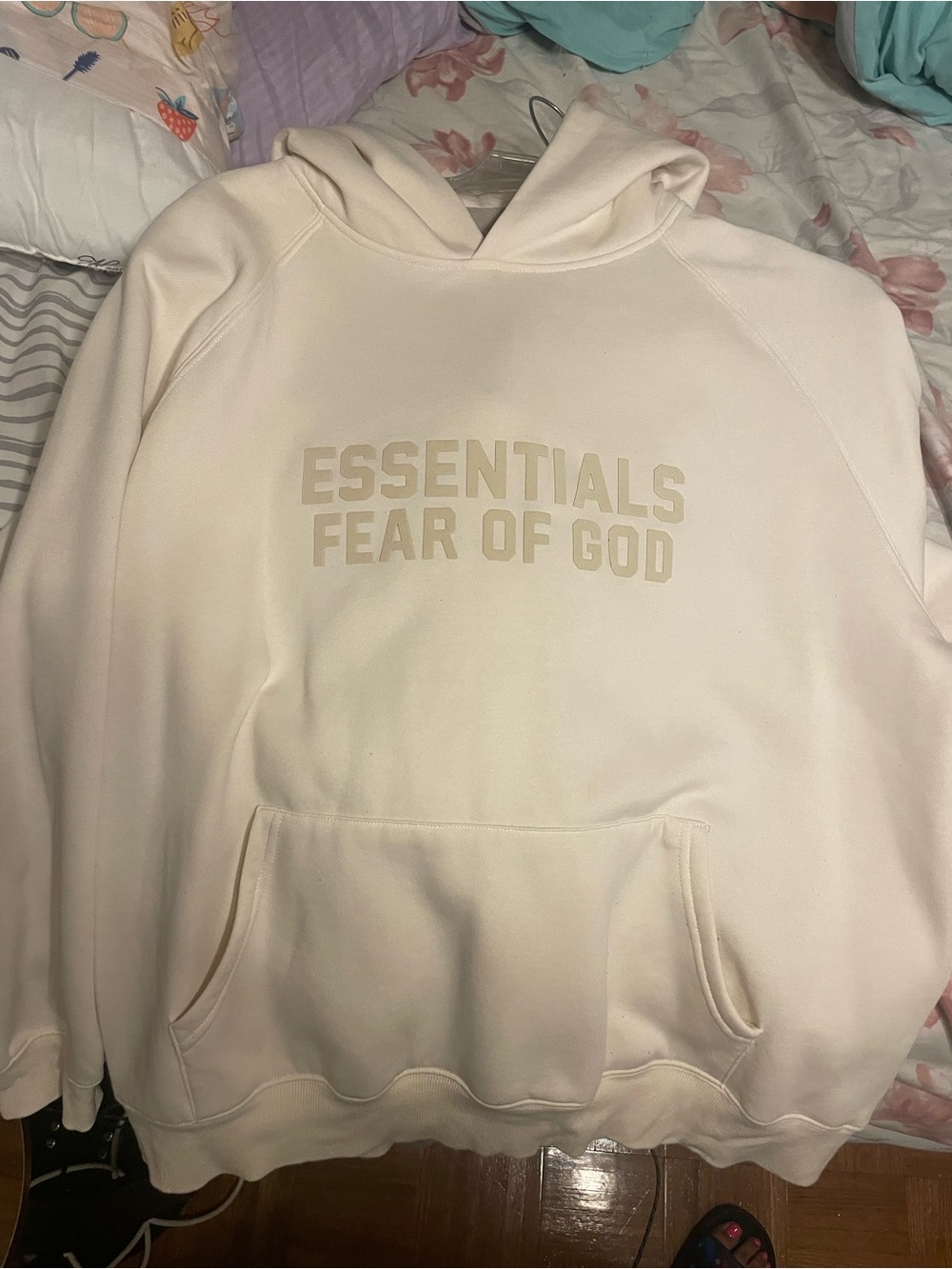 ESSENTIALS Cream/Beige Hoodie with Embossed Neck Label
